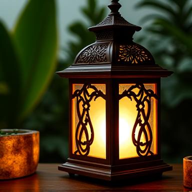 Lanterna decorativa in legno intagliato con vetro satinato, ispirazione tropicale