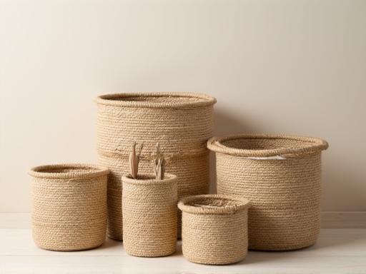 Cesti e contenitori organici per lo stoccaggio, realizzati con fibre naturali come il bambù o il rattan